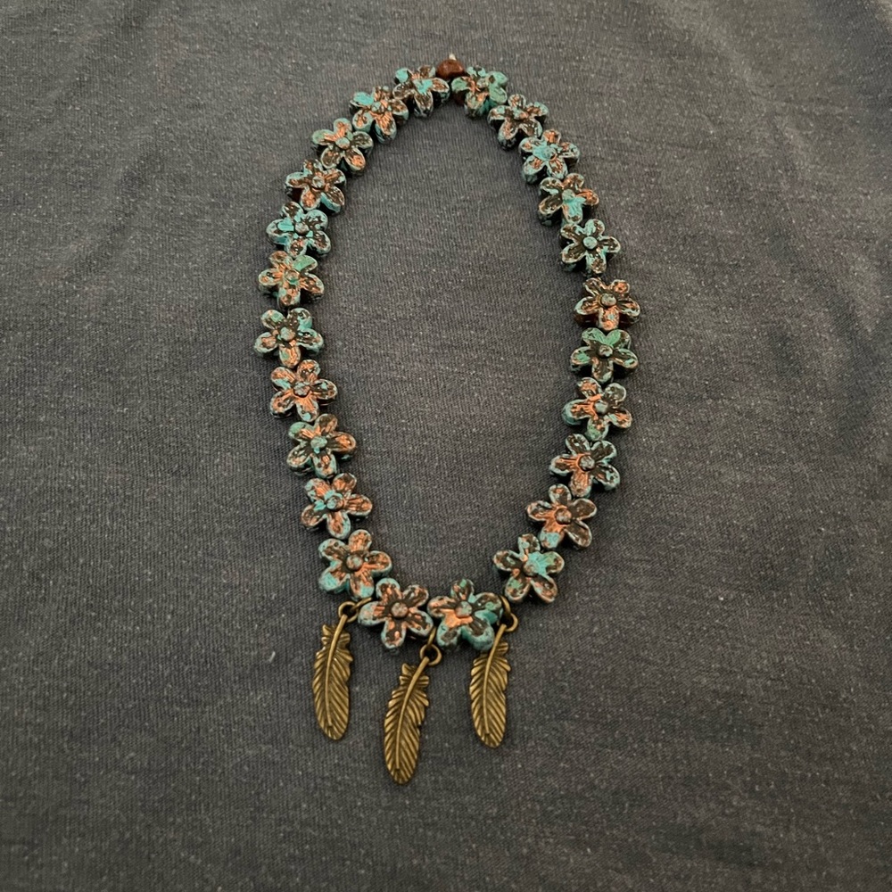 Bronze and turquoise flower and feather necklace